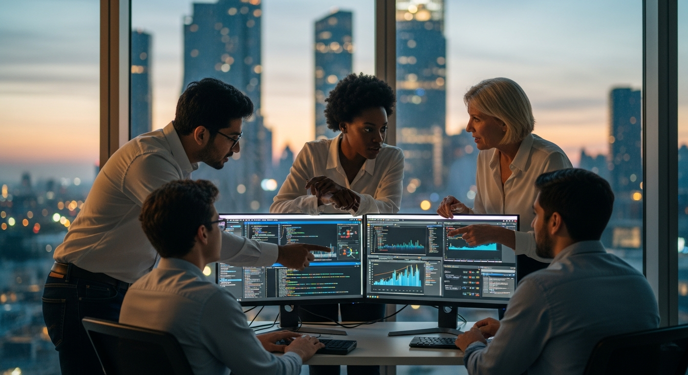 Diverse AI engineering team collaborating around monitors