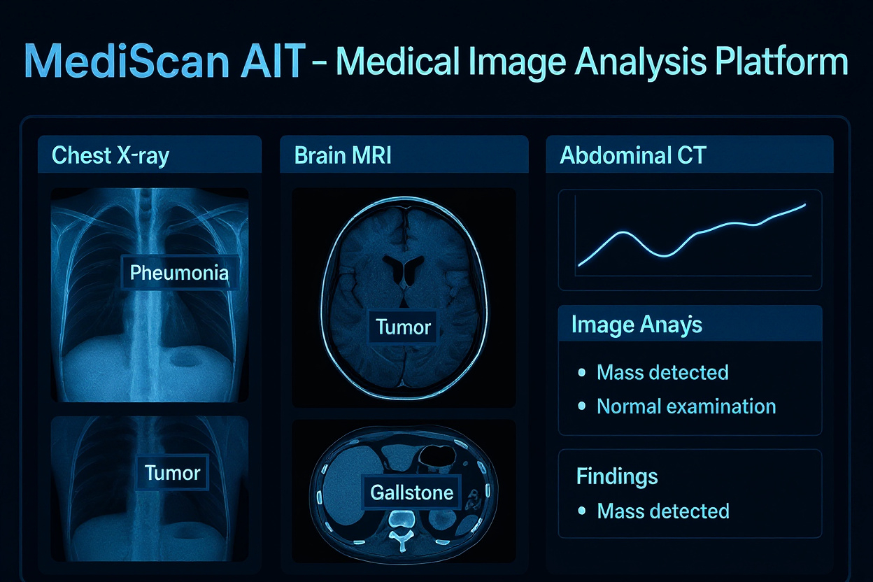 MediScan AI showing chest X-ray with AI-highlighted anomalies and radiologist reviewing results