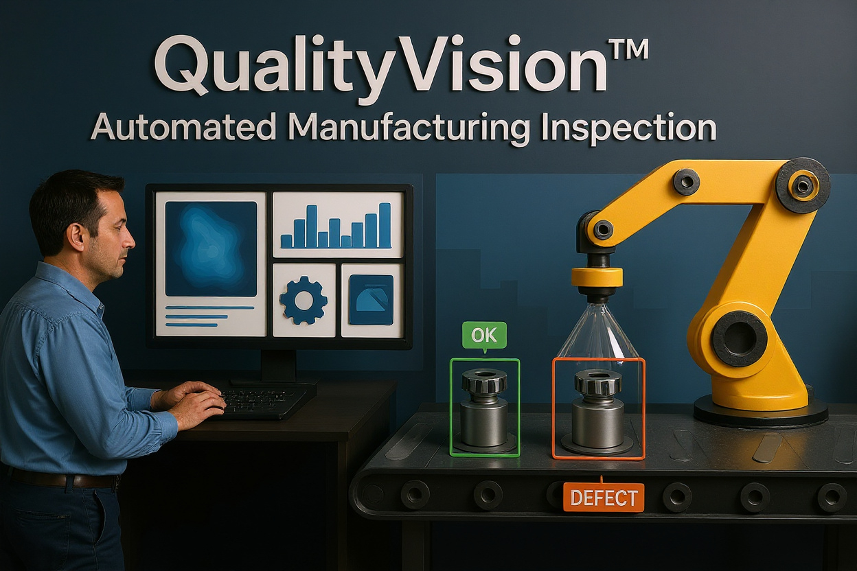 QualityVision factory production line with cameras inspecting parts and defect detection overlay