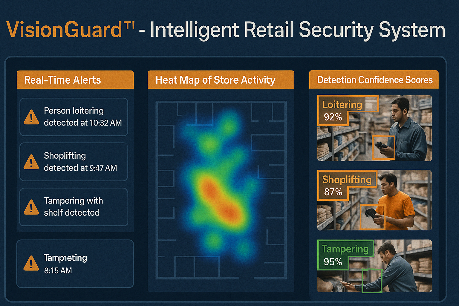 VisionGuard dashboard showing real-time alerts, heat maps of store activity, and detection confidence scores