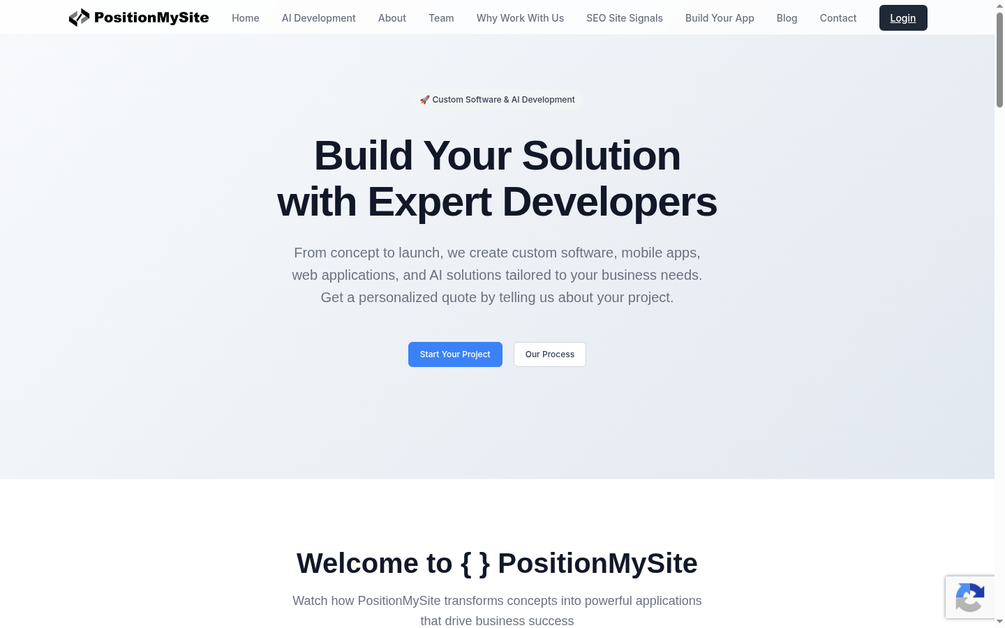 PositionMySite Build Your App page: Start Your Project and Our Process