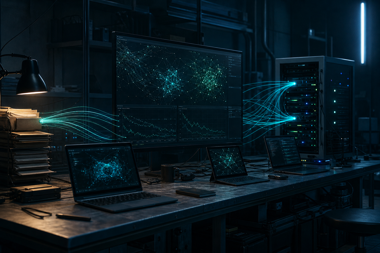 Workshop hero: data folders and a server rack feeding a model on a dark bench