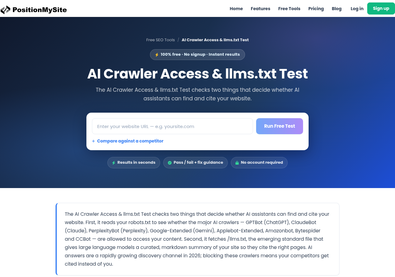 Free AI Crawler Access and llms.txt Test: enter a URL and run the check