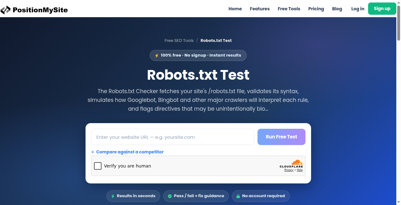 PositionMySite Robots.txt Test free tool page with Run Free Test button
