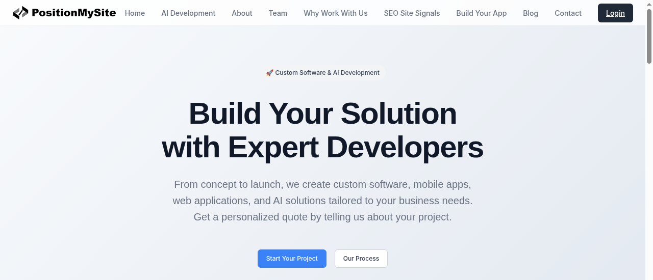 PositionMySite Build Your App page with styled hero and Start Your Project CTA