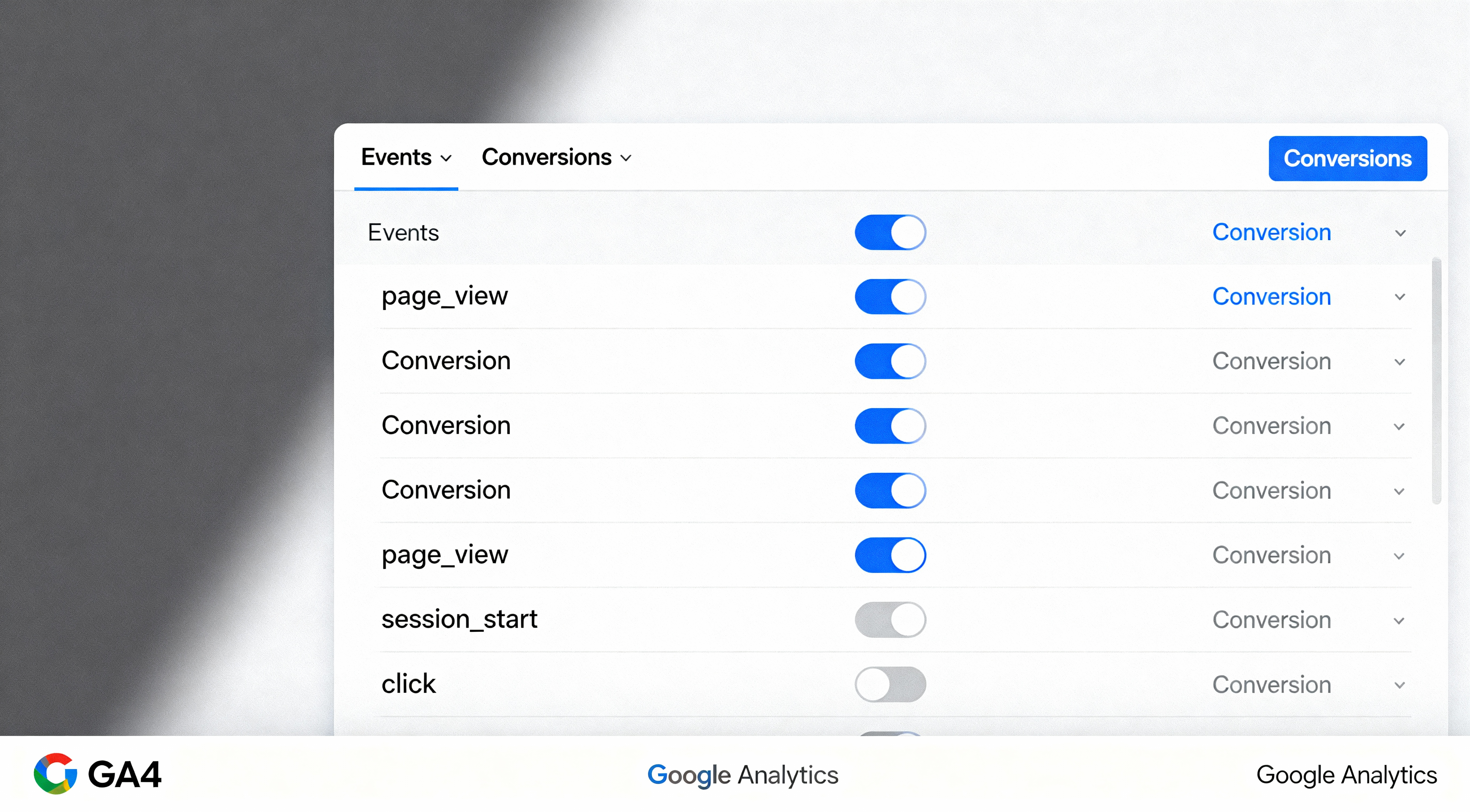 GA4 Events List with Mark as Conversion Toggle