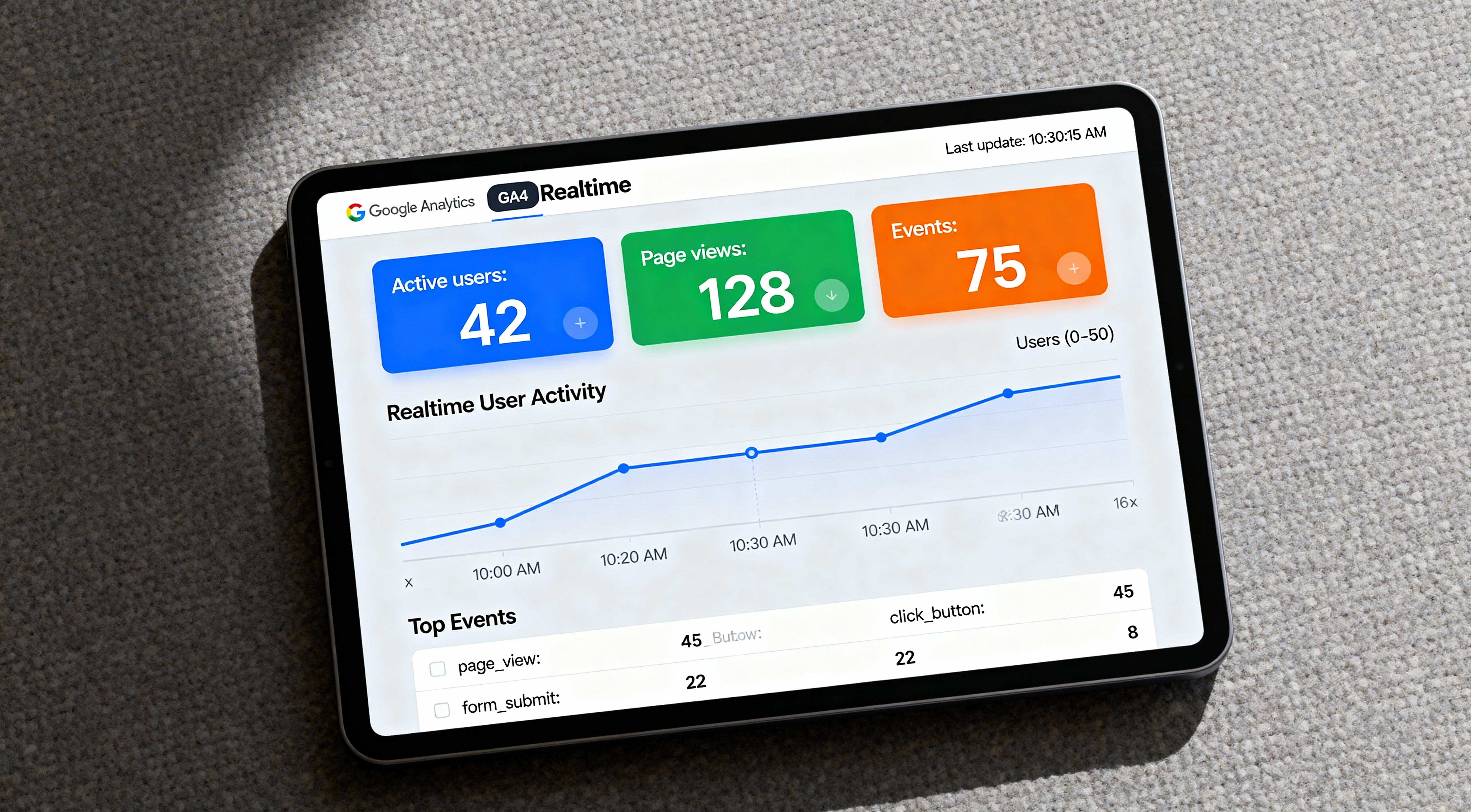 GA4 Realtime Report Showing Active Users and Events