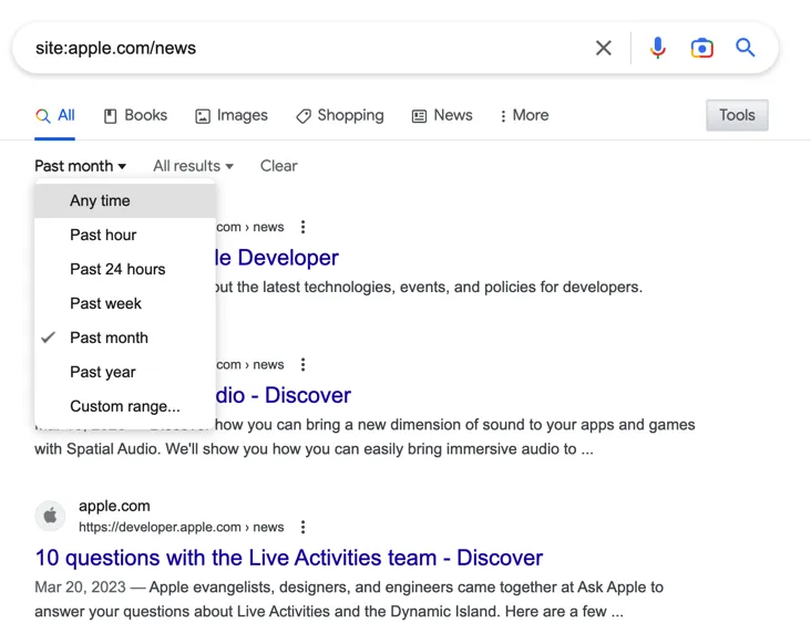 Past month search filter
